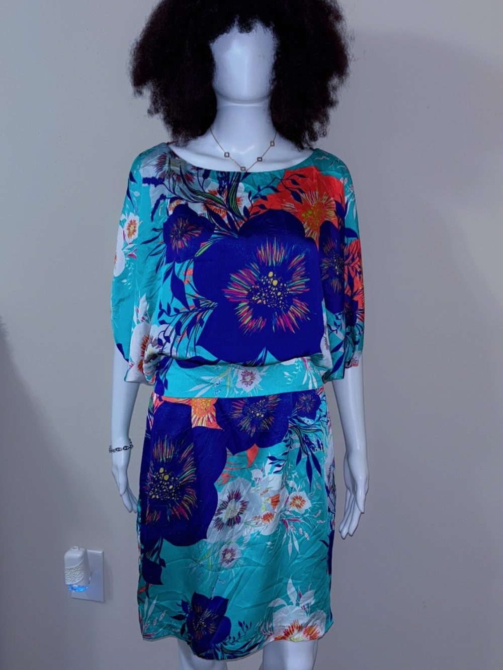 Bisou Bisou Teal and Navy Floral Blouson Tunic Dress